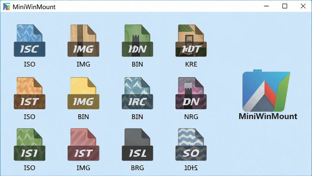 主体:MiniWinMount软件主界面展示支持的多种镜像文件格式图标,包括ISO、IMG、BIN、NRG等;布局:图标以网格状排列,每个图标下方标注格式名称,右侧是软件Logo;排版:整齐有序,色彩鲜艳;风格:扁平化图标设计,背景为浅蓝色;细节:每个格式图标有独特的纹理和颜色,软件名称“MiniWinMount”出现在界面左上角;画质:高清渲染,干净,无多余元素。
