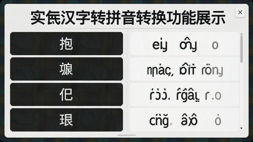实用汉字转拼音转换功能展示图,主体为文字对比界面,左侧输入汉字,右侧输出带声调拼音,布局清晰,排版整齐,风格写实,细节丰富,画质干净