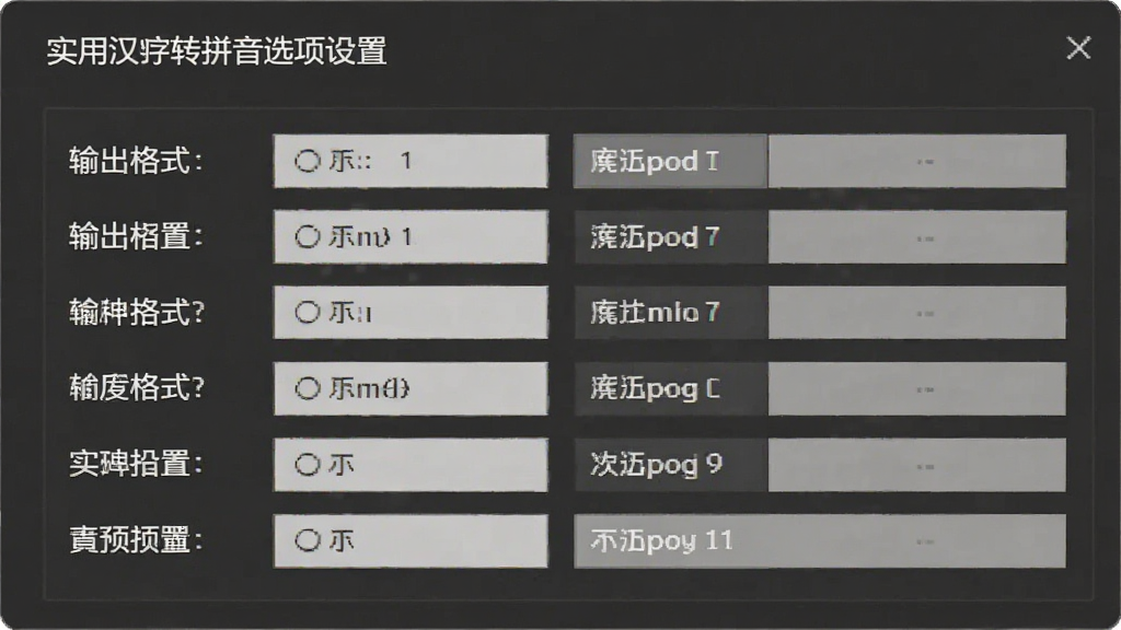 实用汉字转拼音选项设置界面预览图,主体为设置面板,展示多种输出格式选项,布局规整,风格简约,细节明了,画质清晰,无多余元素