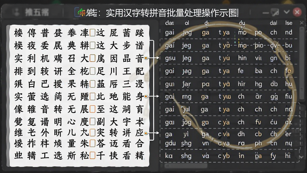 实用汉字转拼音批量处理操作示意图,主体为文本批量转换场景,左侧大量汉字,右侧对应拼音,布局有序,风格简洁,细节真实,画质干净