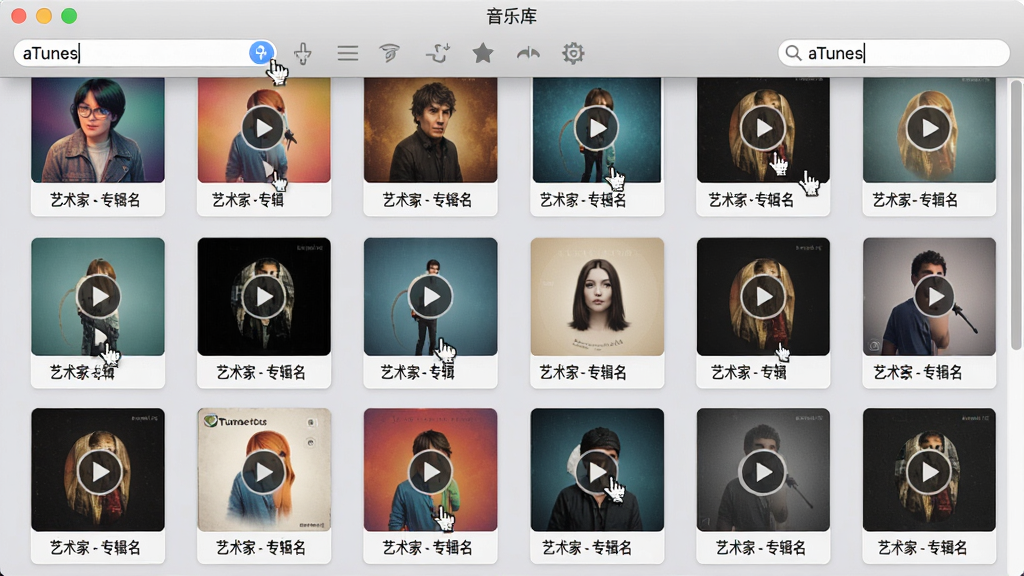 主体:aTunes软件的“音乐库”界面,展示艺术家和专辑网格视图。布局:以网格形式排列专辑封面,上方为搜索和筛选工具栏。排版:专辑封面整齐排列,鼠标悬停显示播放按钮。风格:卡片式设计,色彩鲜艳,背景为柔和的浅灰色。细节:每张专辑封面下方显示“艺术家 - 专辑名”文本,搜索框内输入“aTunes”字样。画质:高清,干净,无多余元素。