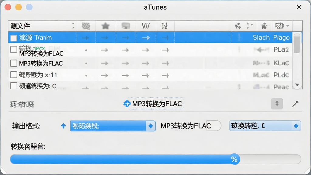 主体:aTunes软件的音频转换功能界面。布局:上方为源文件列表,下方为输出格式选项和转换进度条。排版:左右对称,信息一目了然。风格:简洁实用的对话框风格。细节:显示“MP3转换为FLAC”的文本提示,进度条带有蓝色高亮,界面干净整洁。画质:高清,干净,无多余元素。