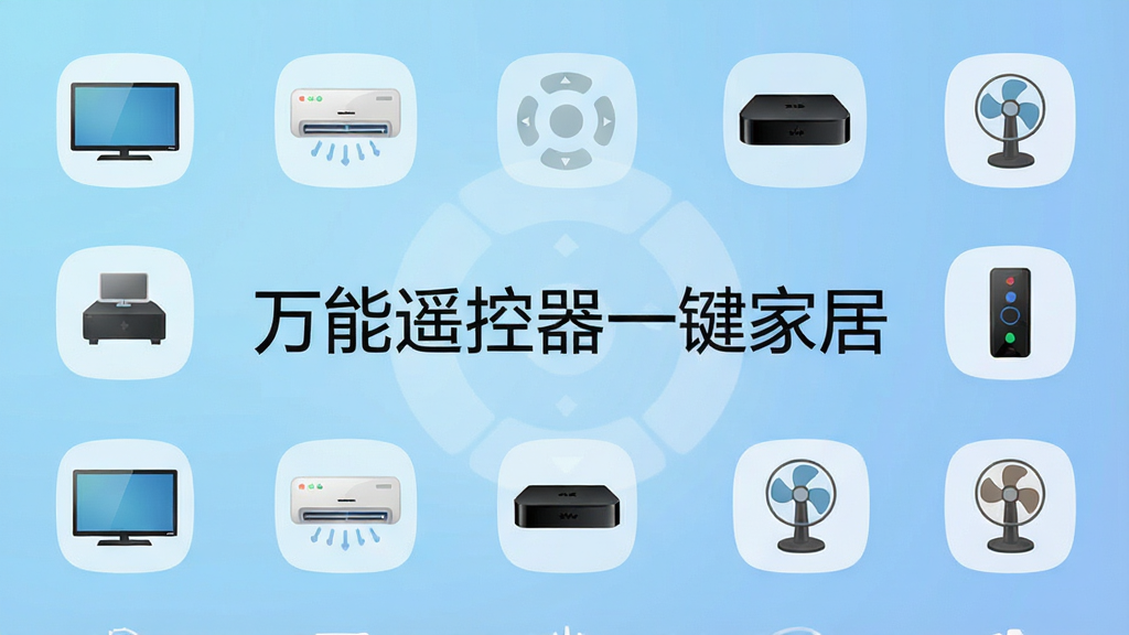 一张展示万能遥控器一键家居软件主界面的高清截图,界面中整齐排列着电视、空调、机顶盒、风扇等设备图标,背景为浅蓝色渐变,中央有“万能遥控器一键家居”字样,整体风格简洁现代,画质清晰,无多余元素