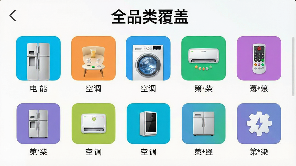一张万能遥控器一键家居软件的电冰箱、洗衣机、空调等家电列表界面截图,图标色彩鲜明,列表布局整齐,顶部有“全品类覆盖”字样,背景干净,画质细腻,无多余元素