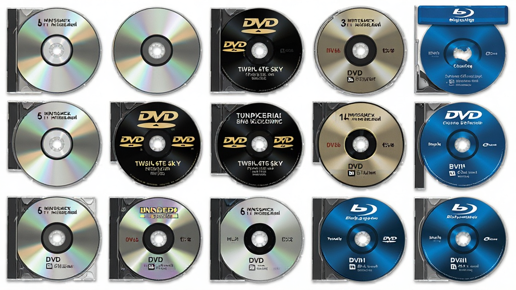 主体:各种光盘类型,布局:展示CD、DVD、蓝光光盘,排版:整齐排列,风格:写实,细节:每张光盘有标签,画质:高清,干净,无多余元素