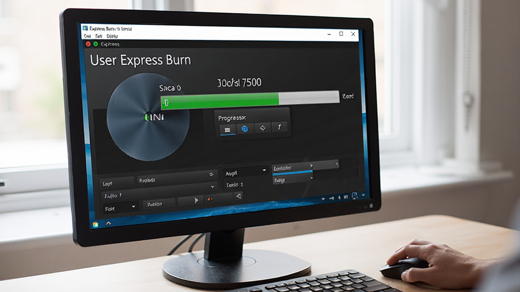 主体:用户操作Express Burn,布局:电脑屏幕显示软件界面,人手移动鼠标,排版:自然,风格:写实,细节:界面显示刻录进度,画质:清晰,干净,无多余元素