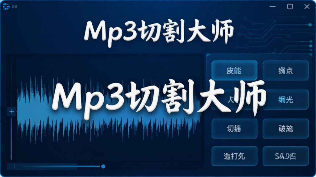 图片展示Mp3切割大师主界面,左侧为音频波形显示区,右侧为功能按钮布局,整体采用深蓝色科技感风格,界面整洁明亮,软件名称“Mp3切割大师”以白色艺术字居中显示,画质清晰,干净无多余元素