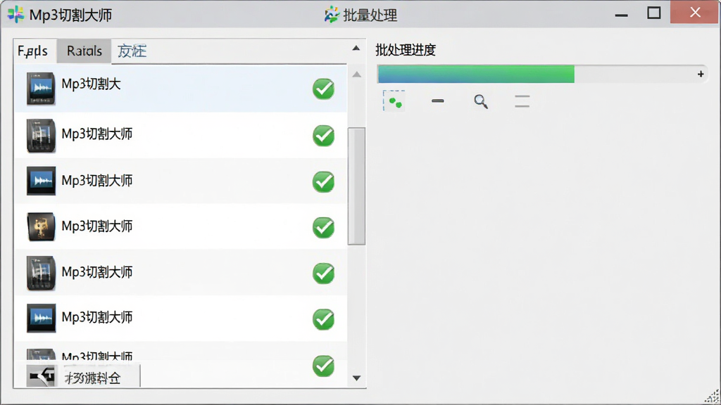 展示Mp3切割大师的批量处理界面,左侧为文件列表,右侧为批处理进度条,多个音频文件以列表形式排列,每个文件旁有绿色对勾表示处理完成,背景为浅灰色面板,软件名称“Mp3切割大师”出现在顶部标题栏,整体风格商务简洁,画质干净清晰