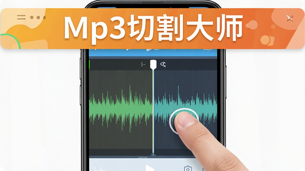展示Mp3切割大师在手机上的运行截图,屏幕中显示波形编辑界面,手指正在拖动切割线,背景为明亮简约风格,软件名称“Mp3切割大师”以横幅形式显示在屏幕上方,画质清晰,无多余元素