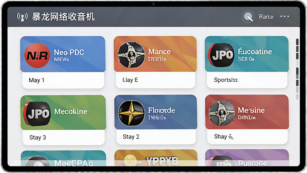 一张展示“暴龙网络收音机”电台列表界面的图片,屏幕上列出多个电台名称与分类,包括新闻、音乐、体育等,界面采用卡片式布局,色彩鲜艳,风格现代,画质清晰,干净无多余元素