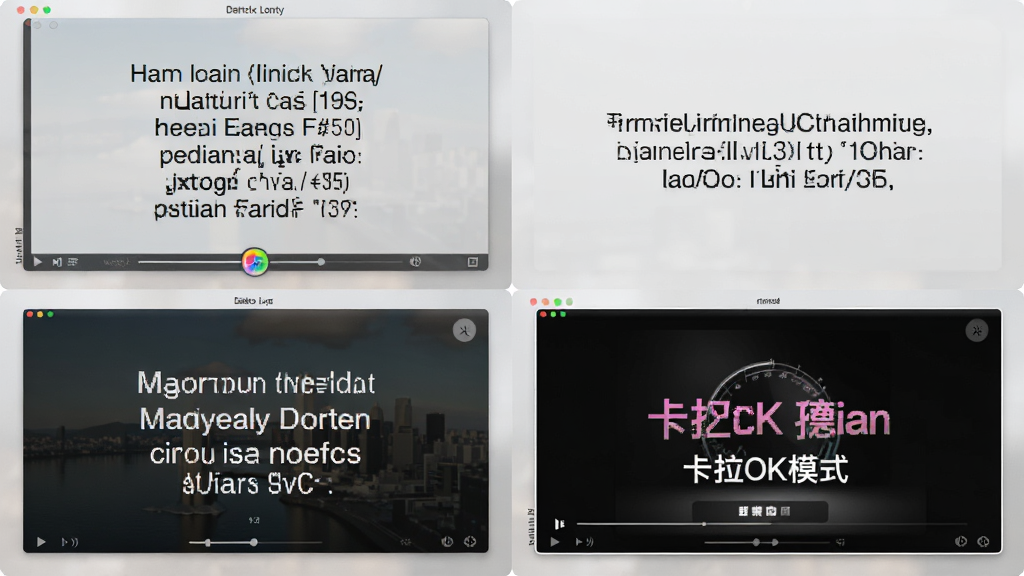 展示迷你歌词软件多样显示模式的对比图,画面分为四个小窗口,分别展示桌面歌词、迷你歌词、全屏歌词和卡拉OK模式,每个窗口都有不同的歌词样式,背景为浅灰色,布局清晰,风格简约,细节丰富,画质细腻,无多余元素