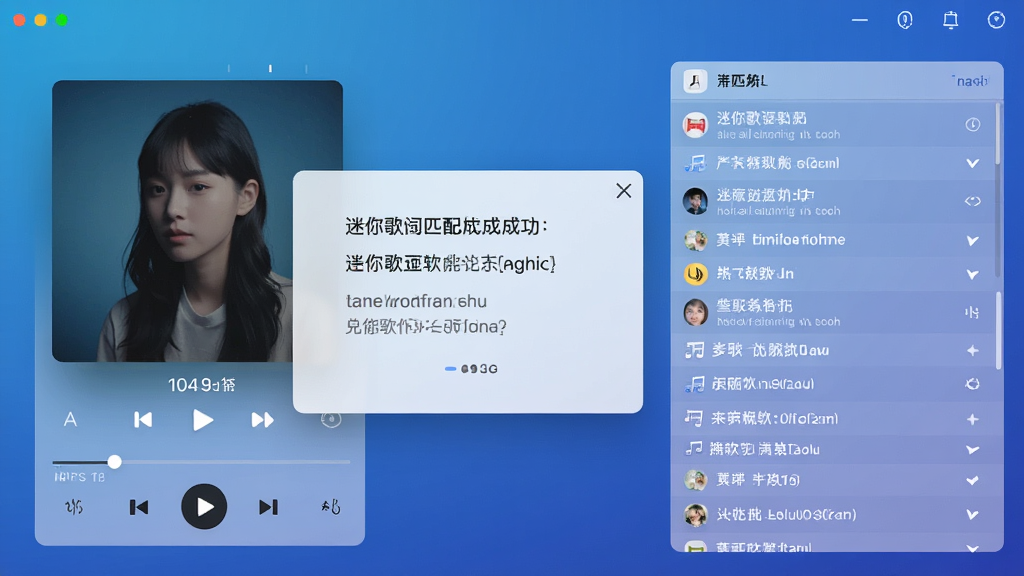 展示迷你歌词软件智能歌词匹配功能的界面截图,画面中音乐播放器正在播放歌曲,旁边弹出歌词匹配成功的提示框,歌词列表清晰可见,背景为渐变蓝色调,布局整洁,风格简洁,细节丰富,画质清晰,无多余元素