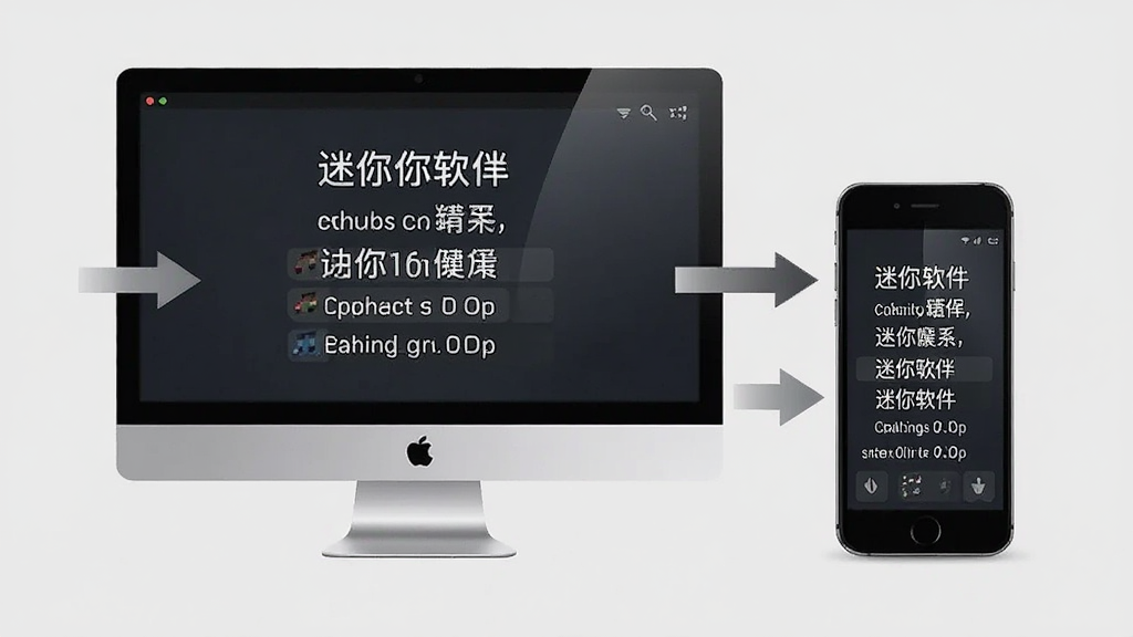 展示迷你歌词软件使用指南的插图,画面中有一个电脑屏幕和手机屏幕,屏幕上显示迷你歌词的界面,旁边有操作步骤的箭头指示,背景为浅灰色,布局清晰,风格教育性,细节丰富,画质干净,无多余元素