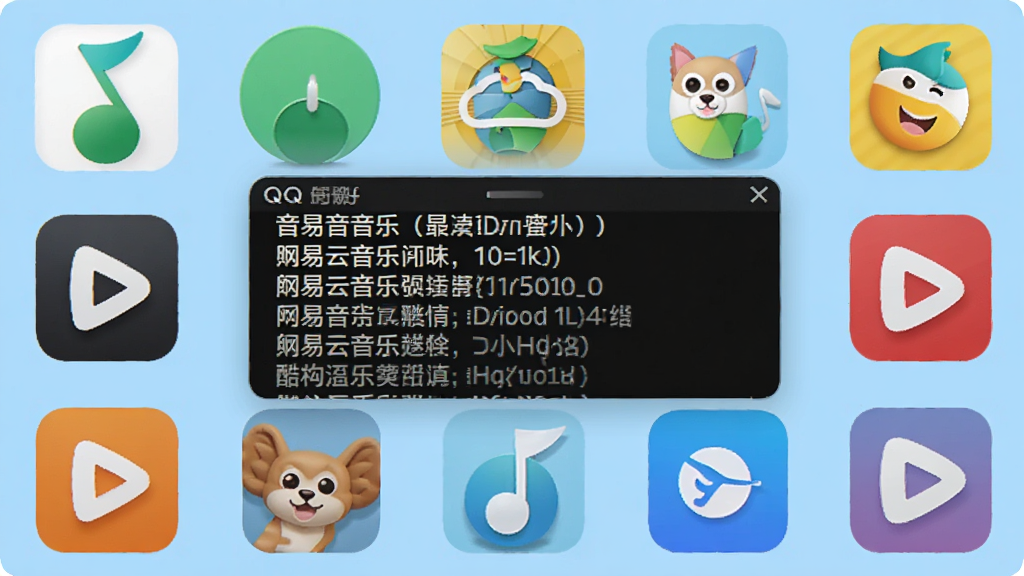 展示迷你歌词软件兼容多种播放器的场景,画面中央是迷你歌词的歌词窗口,周围环绕多个音乐播放器的图标,如QQ音乐、网易云音乐、酷狗音乐等,背景为浅蓝色,布局均衡,风格现代,细节丰富,画质细腻,无多余元素