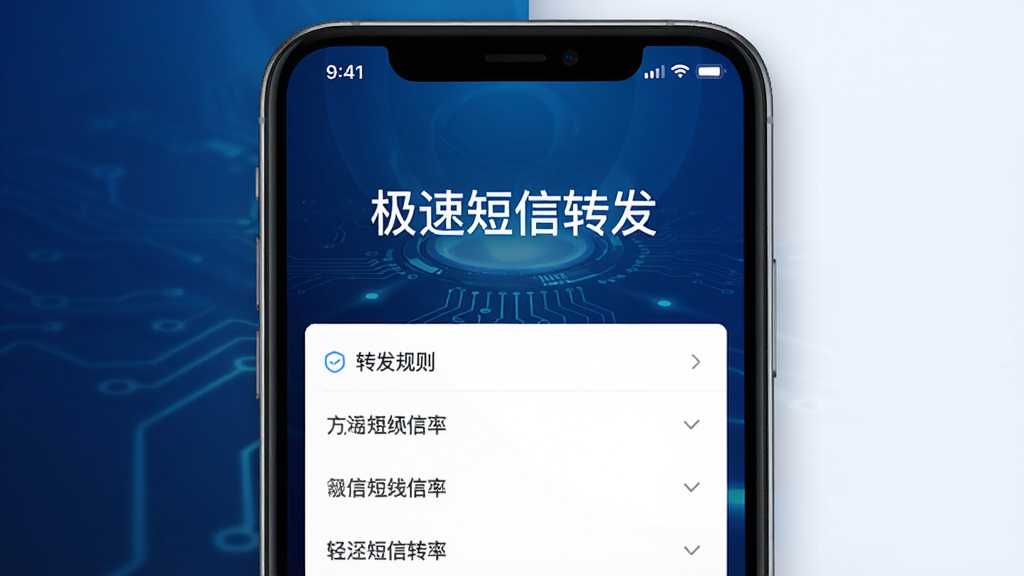 极速短信转发软件主界面,手机屏幕显示短信转发设置页面,背景为深蓝色科技感渐变,界面简洁,中间有“极速短信转发”字样,下方是转发规则列表,整体风格现代,高清干净