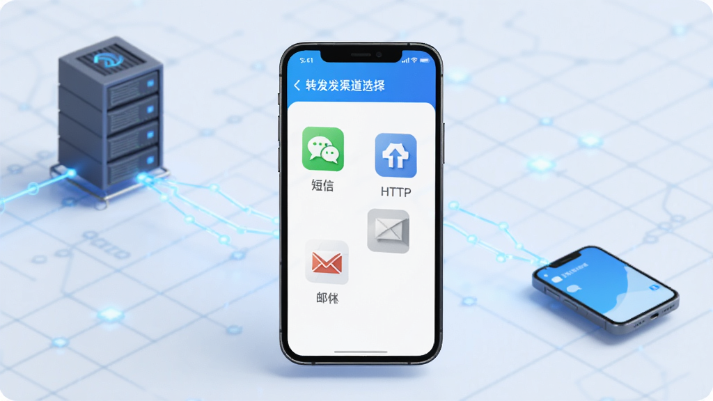 极速短信转发功能示意图,画面中央是一部手机,手机屏幕显示转发渠道选择界面,包含短信、HTTP、邮箱三个图标,周围用线条连接至远处的服务器和另一部手机,背景为浅色科技网格,风格简洁明快,干净