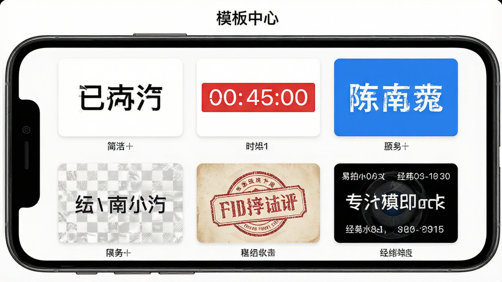 展示易拍水印打卡相机的水印模板选择界面,手机屏幕内排列着六种不同风格的水印模板缩略图,包括简洁黑字、红色时间戳、蓝底白字、透明底纹、复古印章以及包含经纬度的专业模板。每个缩略图下方有名称标签,屏幕顶部有“模板中心”字样。背景为纯净的白色,画面干净整洁,排版整齐,色彩鲜明,无多余元素。