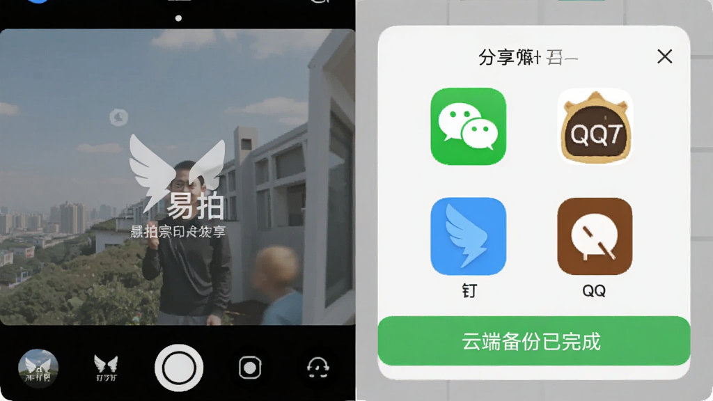 展示易拍水印打卡相机照片分享与备份功能界面,屏幕左侧是带有水印的照片预览,右侧弹出分享选项菜单,包含微信、钉钉、QQ图标。屏幕底部有“云端备份已完成”的绿色提示条。背景为浅灰色,界面简洁直观,图标圆润,色彩搭配和谐,画质干净,无多余元素。