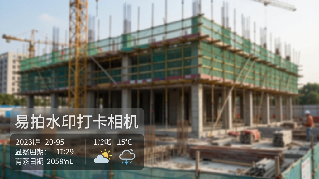 一张具有真实感的打卡照片样张,画面主体是一处建筑工地,照片左下角清晰叠加着带有“易拍水印打卡相机”字样的半透明水印,水印内显示日期、星期、具体时间和实时天气图标。照片整体光线自然,构图工整,水印文字锐利醒目,背景略显虚化以突出水印细节。画质干净,无多余元素。
