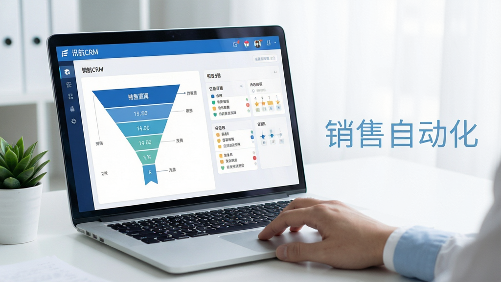 画面主体为笔记本电脑屏幕,显示“讯航CRM”的销售漏斗图表与任务看板,屏幕前方有一只手正点击触控板;桌面环境整洁,摆放着绿色小盆栽;布局以屏幕为主,右侧留白处配有浅色文字“销售自动化”;风格为商务科技感,蓝白主色调,屏幕反光处理细腻,画质干净,无多余元素