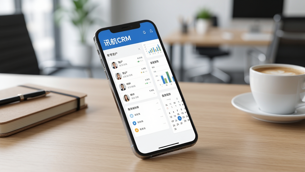 画面主体为一部亮屏的智能手机,屏幕上清晰显示“讯航CRM”的软件主界面,界面包含客户列表、销售图表与日历模块;手机斜放在浅色木纹桌面上,旁边散落着几本笔记本和一杯咖啡,背景是虚化的现代办公室环境;整体布局以手机为中心,采用专业产品展示构图;风格为写实商业摄影,光线明亮柔和,细节纹理清晰,画质干净,无多余元素