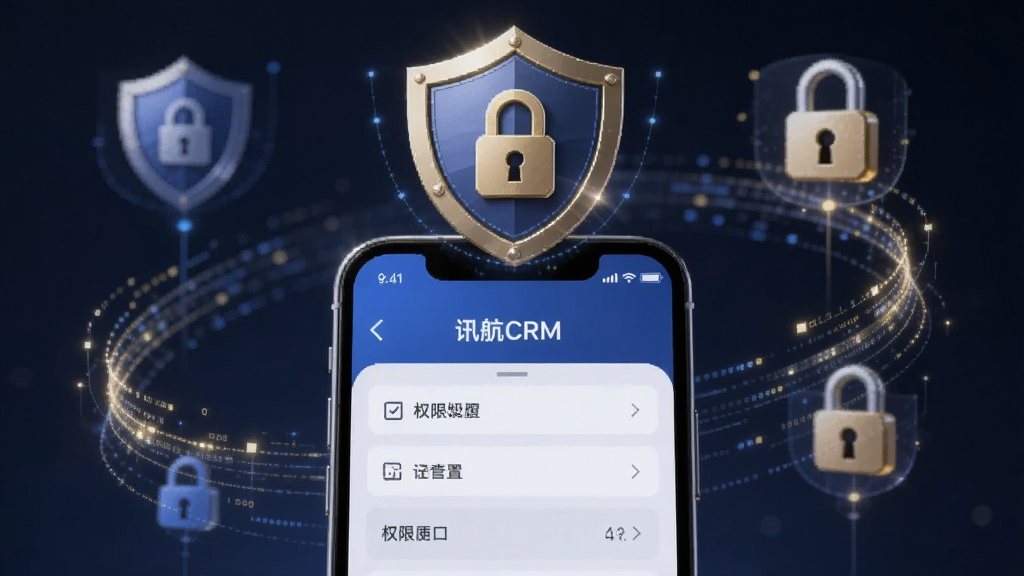 画面主体为智能手机屏幕展示“讯航CRM”的权限设置界面,背景是抽象的盾牌与锁形图标,周围有数据流环绕;布局采用中心构图,盾牌位于手机上方,象征安全防护;风格为科技感3D渲染,深蓝色背景配金色高光,质感细腻,画质干净,无多余元素