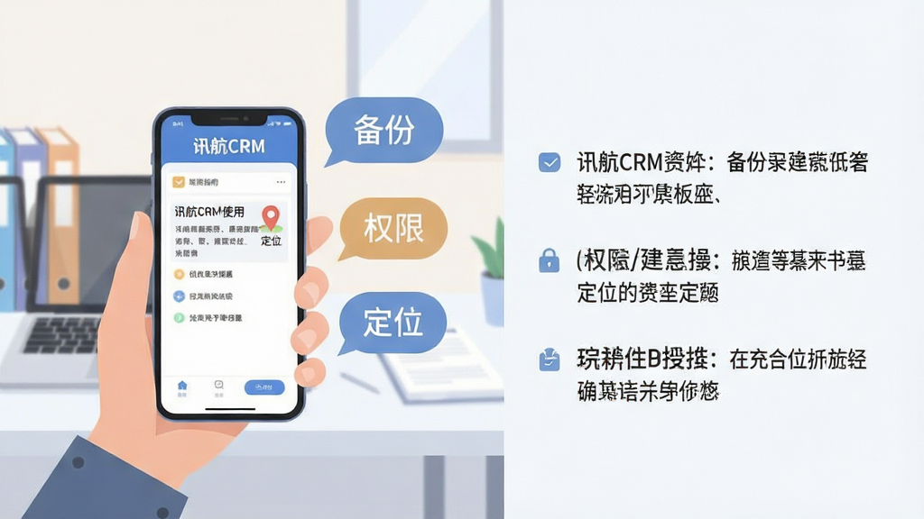 画面主体为一名用户手持手机,屏幕显示“讯航CRM”的使用指南界面,旁边有对话气泡标注“备份”“权限”“定位”等关键词;背景为简洁的室内环境,桌面有笔记本电脑与文件;布局采用分屏对比样式,左侧为手机界面,右侧为操作步骤文字;风格为教学式扁平插画,配色柔和,画质干净,无多余元素