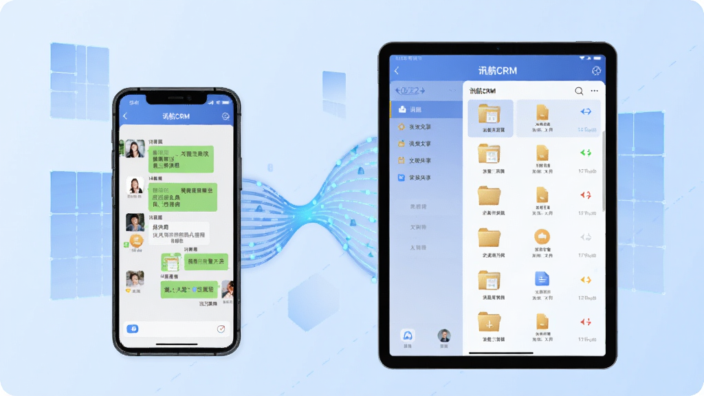 画面主体为一部手机与一台平板并排摆放,屏幕上均显示“讯航CRM”的群组聊天界面与文件共享列表,两台设备间有蓝色数据流动线条连接;背景为浅蓝色渐变,辅以抽象网格元素;布局对称,突出多端同步概念;风格为科技感插画,线条流畅,色彩通透,画质干净,无多余元素