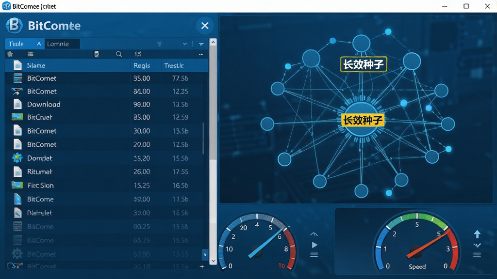 主体:BitComet(比特彗星)软件下载界面展示一个正在下载的文件,种子来源节点图。布局:左侧为文件列表,右侧为节点连接图谱,下方为速度仪表盘。风格:科技蓝风格,界面简洁明亮。细节:节点图中有多个连接点,高亮显示