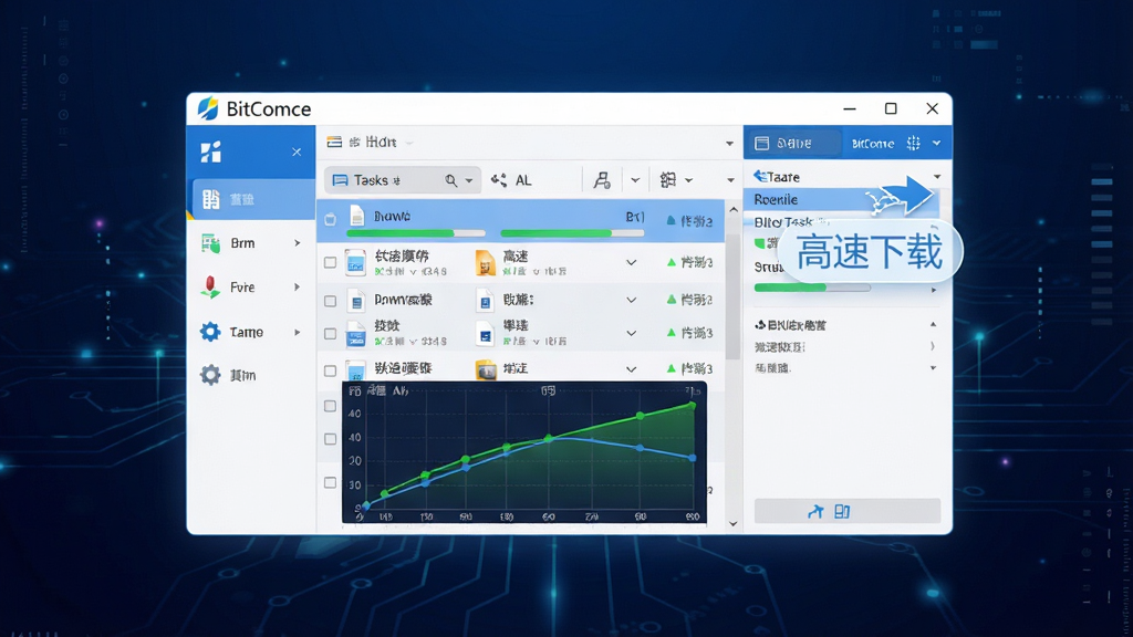 主体:BitComet(比特彗星)软件主界面悬浮在科技感背景上,界面显示下载任务列表、速度曲线图。布局:主界面居中,左侧功能栏、右侧任务详情,整体排版清晰。风格:现代扁平化设计,蓝白主色调,辅以深色渐变背景。细节:界面中突出显示