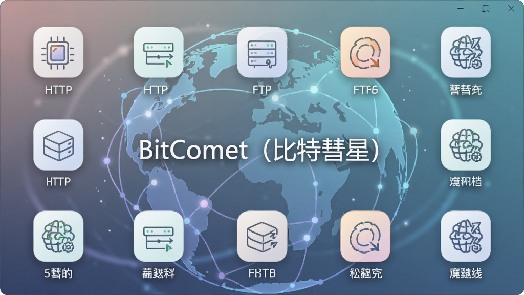 主体:BitComet(比特彗星)软件主界面展示多种协议图标(HTTP、FTP、磁力链)。布局:图标等距排列,背景为地球网络图。风格:简约线条风格,搭配柔和渐变。细节:每个图标下方有对应名称,中心位置有