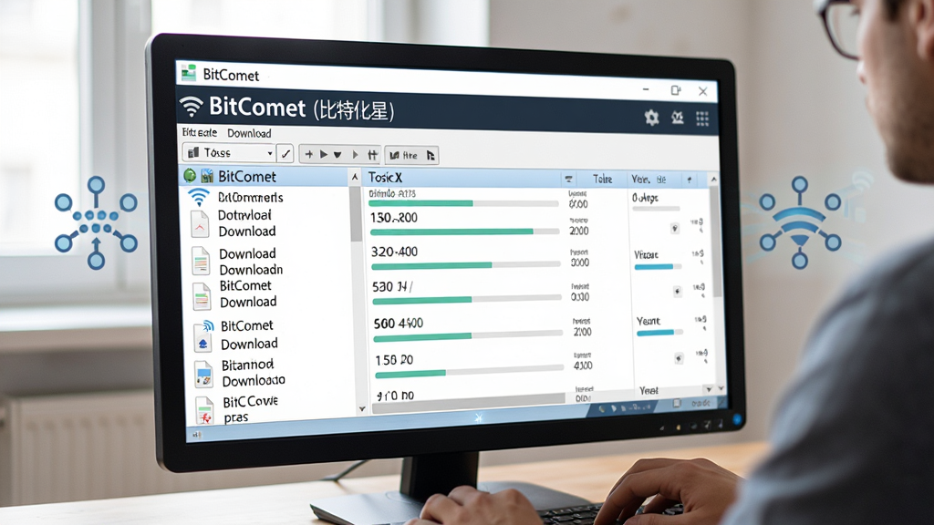 主体:电脑屏幕前用户正在操作BitComet(比特彗星)软件,屏幕上显示下载任务列表。布局:电脑居中,用户手部特写,屏幕内容清晰可见。风格:写实风格,室内光线自然。细节:屏幕上有