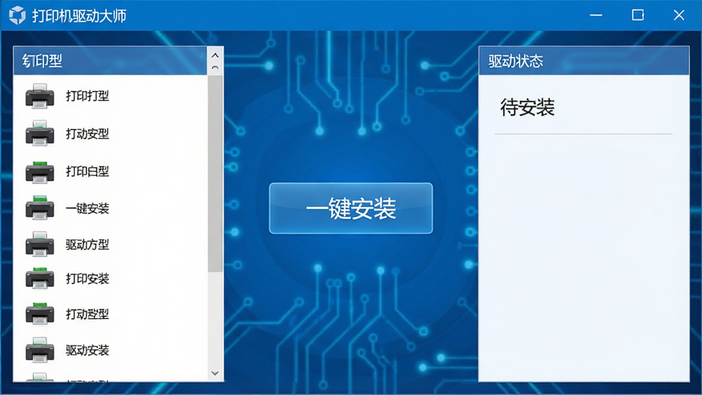 一张展示打印机驱动大师软件主界面的高清截图,界面中央显示“一键安装”按钮,左侧列出打印机型号列表,右侧显示驱动状态为“待安装”,整体布局简洁清晰,采用蓝色系科技风格,画质细腻干净,无多余元素