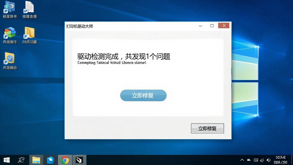 打印机驱动大师软件运行在Windows桌面上的截图,背景为电脑桌面,软件窗口显示“驱动检测完成,共发现1个问题”,下方有“立即修复”按钮,整体画面清晰,色彩自然,无多余元素