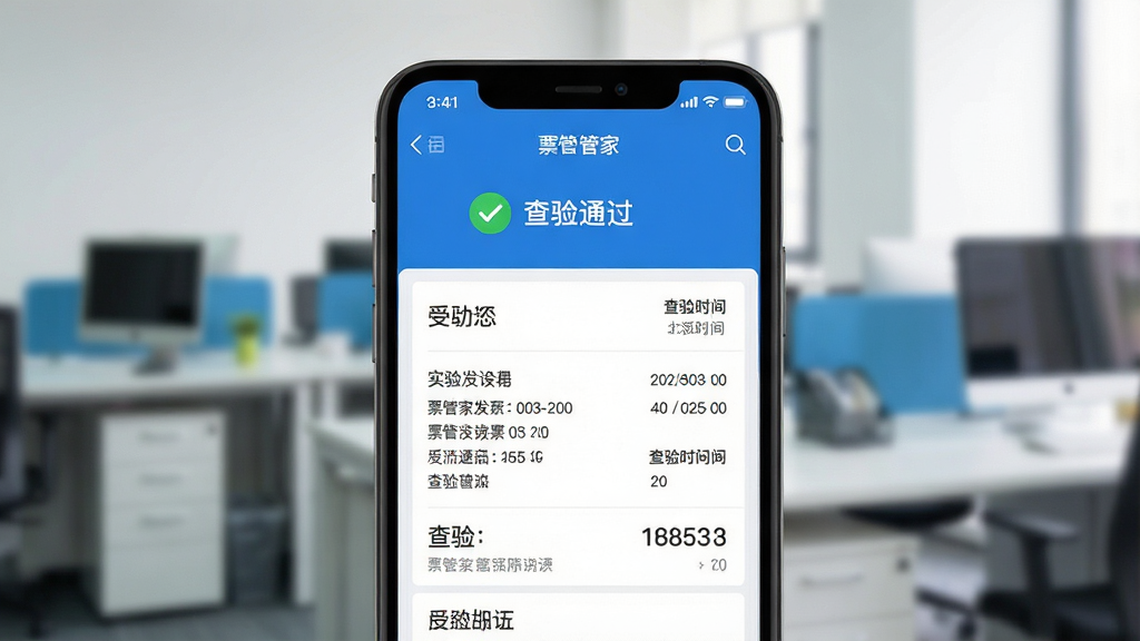 一张界面截图风格的图片,票管家发票管理应用在手机屏幕上显示发票查验结果页面,页面顶部为绿色对勾图标和“查验通过”字样,下方列出发票详细信息与查验时间。背景为虚化的办公环境,整体色调以蓝白为主,风格简洁明了,画质清晰,干净无多余元素。