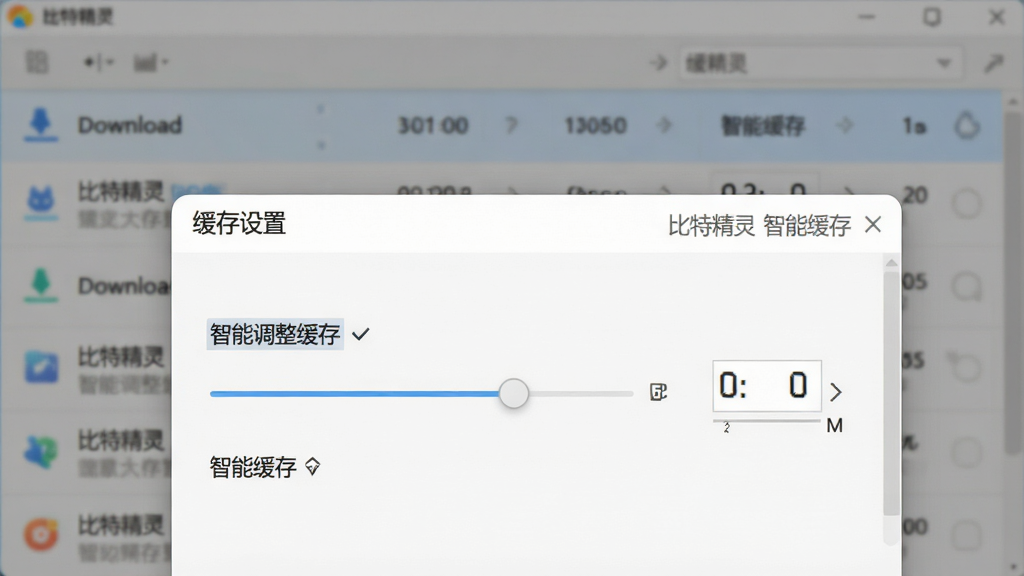 特写比特精灵软件界面中的“缓存设置”面板,展示“智能调整缓存”选项,背景为模糊的下载列表,前景为设置窗口,包含滑块和数值显示,风格写实,界面干净整洁,文字标注“比特精灵 智能缓存”,画质清晰,无多余元素