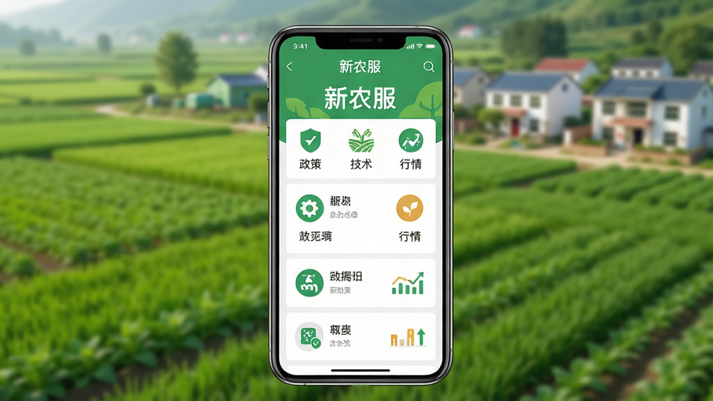 ����Ϊһ������������ũ��APP�������ֻ�����Ļ���С���ũ����������ũҵ���ͼ�꣬����Ϊ���ⰻȻ���ִ���ũ��ʹ�ׯ�����ֲ����ֻ����С������黯�Ĺ�ͼ��ͻ��APP���档�Ű�����������Ԫ�ذ������ߡ������������ͼ�ꡣ���Ϊ��ƽ����ƽ��дʵ������ɫ���������¡�ϸ�����ֻ���Ļ��ʾ����ũ������ҳ�б������ʸ��壬���廭��ɾ����޶���Ԫ��