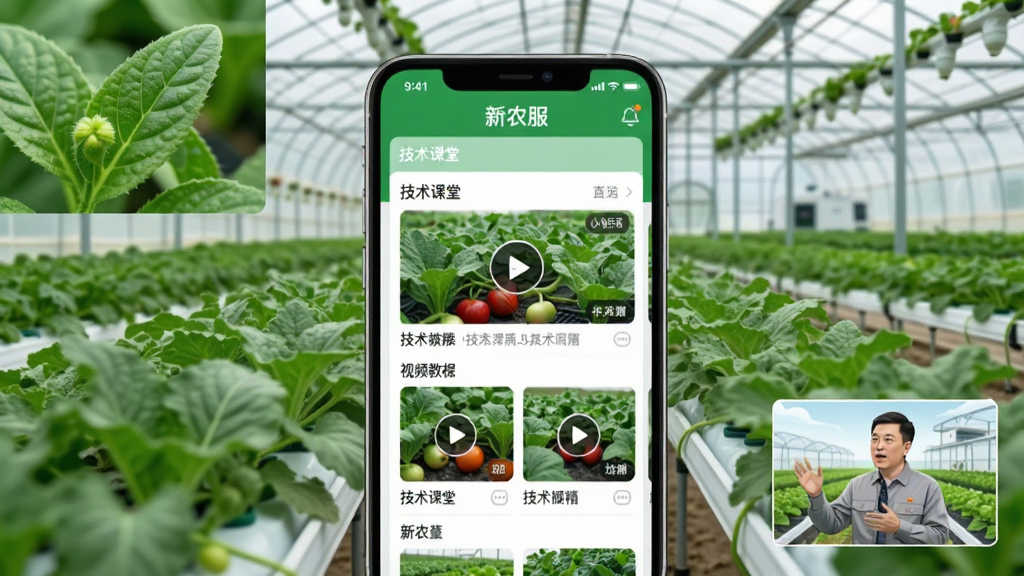 ����Ϊ��ũ��APP�ġ��������á����棬�������ִ������߲˴������Ϊ�����ͼռ��Ҫ���棬��Χ����΢�ྵͷ�µ�ũ����ҶƬ��ר�ҽ����С���ڡ��Ű������ͻ����Ƶ�̳��б������Ϊ�Ƽ�����ũҵ��ϣ�ɫ������ɫ�Ͱ�ɫΪ����ϸ���Ͻ�����ʾ����ũ���������ͼ���������Ƶ���棬������������������ɾ����޶���Ԫ��