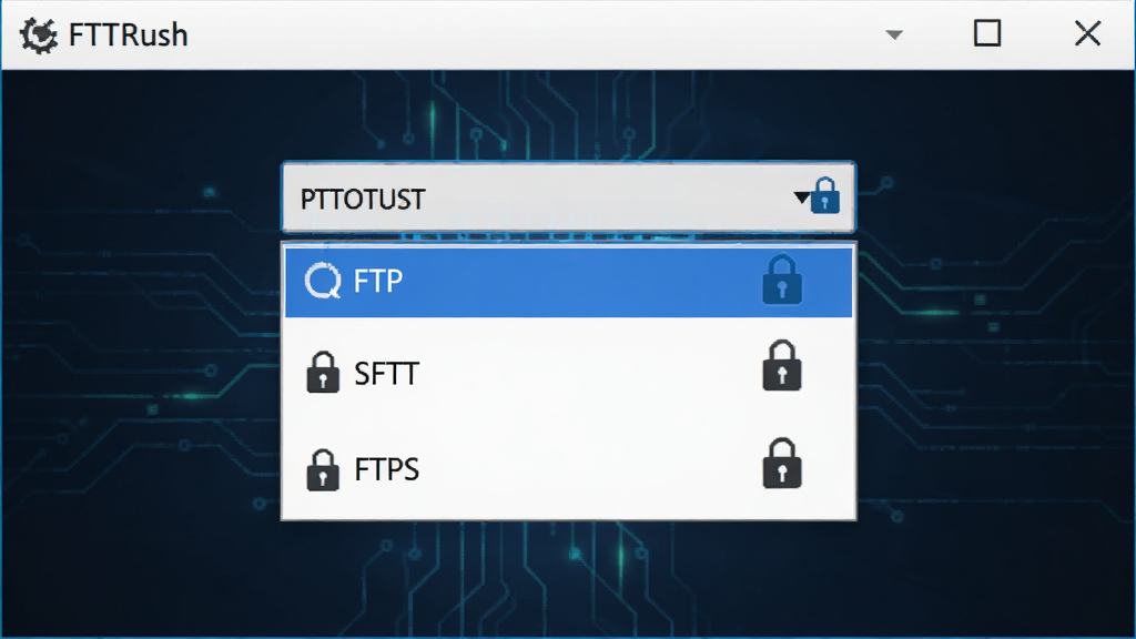 主体:FTPRush软件协议选择界面,布局:下拉菜单展示FTP、SFTP、FTPS选项,排版:居中展示,风格:科技感,细节:每个协议旁有锁形图标,画质:高清,干净,无多余元素