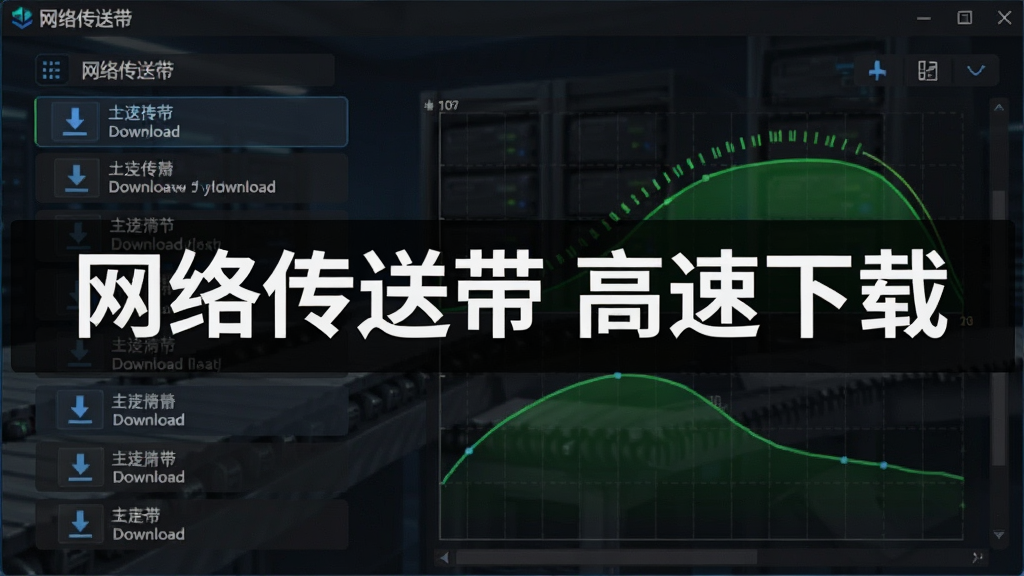 画面主体为“网络传送带”软件运行界面,显示多个下载任务正在高速下载,速度图表显示为绿色曲线,背景为深色系,整体科技感,细节清晰,画质干净,文字标注“网络传送带 高速下载”
