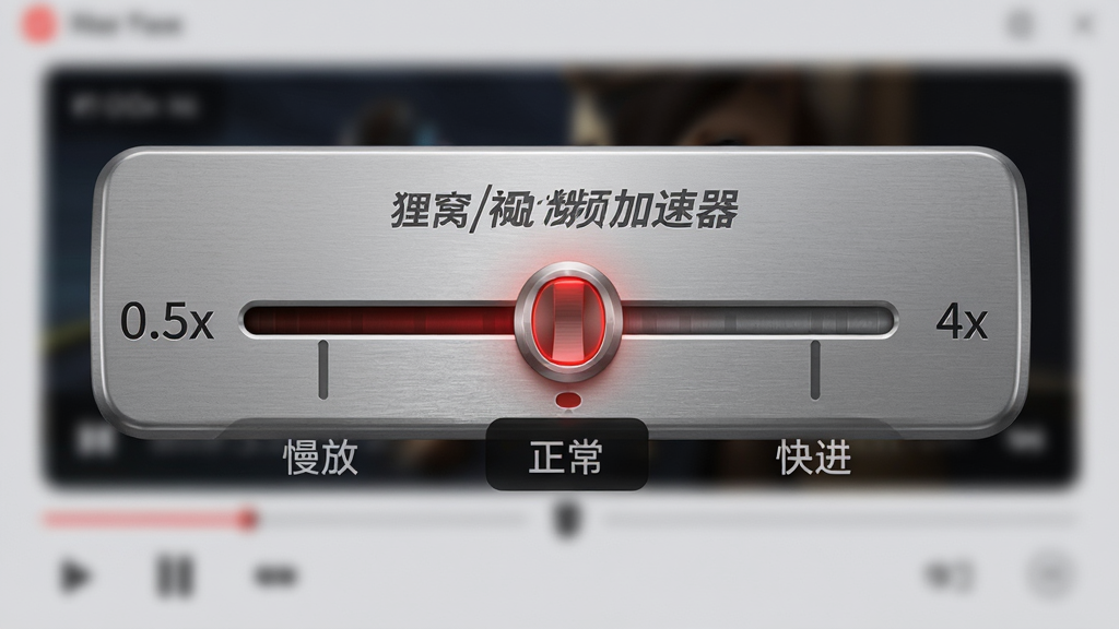 主体:狸窝视频加速器的速度调节滑块特写,位于画面中央。布局:滑块左右两端分别标注“0.5x”和“4x”,滑块指针停在2.0x位置。排版:滑块下方有“慢放”、“正常”、“快进”三个标签,背景为模糊的播放器界面。风格:写实产品渲染风格,金属质感滑块,浅灰背景。细节:滑块指针带有红色高亮,数字清晰,整体画面干净无多余元素。