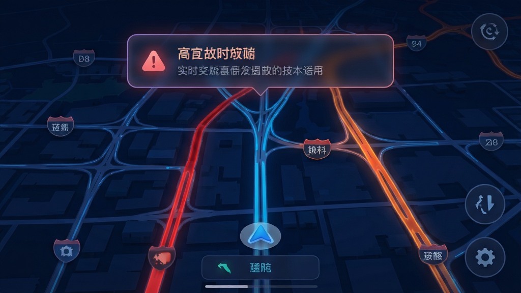 高抖地图导航显示实时路况的夜间模式界面,地图背景为深蓝色,道路线条清晰,拥堵路段以红色和橙色高亮显示,屏幕上方悬浮着一条事故提醒通知,画面风格偏向深色科技感,UI元素采用柔和的霓虹光效,布局合理,细节丰富,画质细腻干净