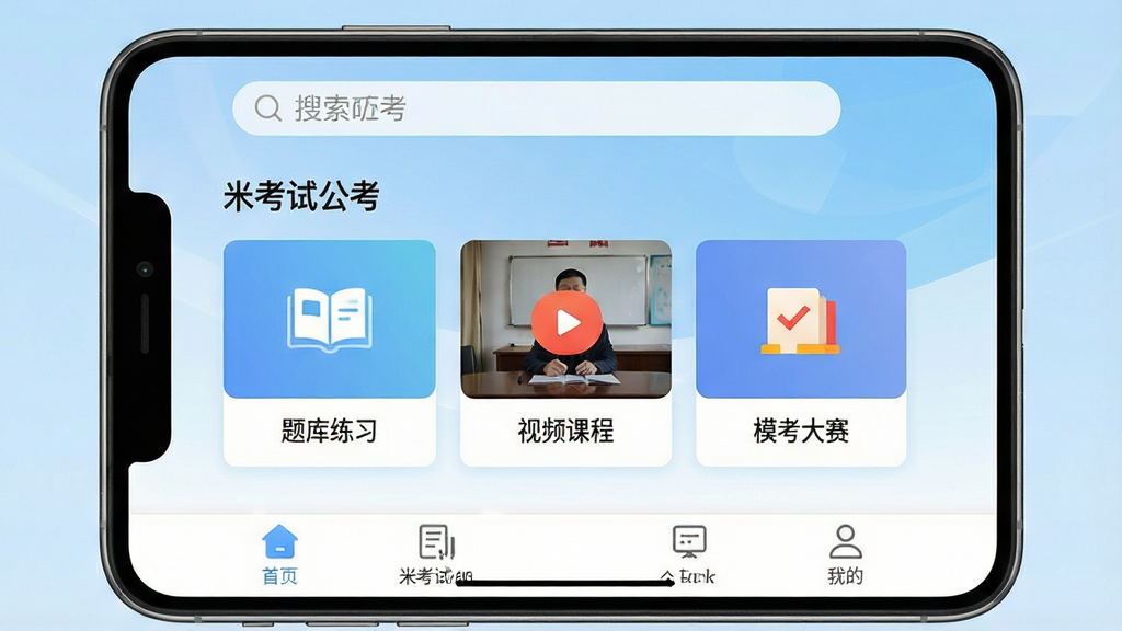一张展示米考试公考APP主界面的高清截图,主体为手机屏幕上的应用首页,布局清晰展示“题库练习”、“视频课程”、“模考大赛”三大核心模块,背景为浅蓝色渐变,风格简洁现代,细节包括顶部搜索栏和底部导航栏,画质干净无多余元素,文字标注“米考试公考”字样。