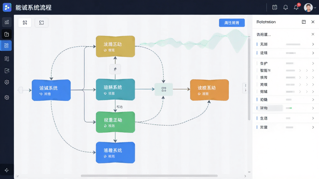 能诚系统流程设计界面,展示拖拽式流程编辑画布,包含多个节点模块和连接线条,右侧属性配置面板,界面清晰直观,色彩明快,体现自动化与智能化特点,画质高清无杂物