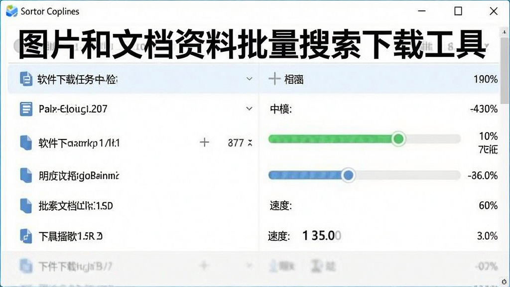 软件下载任务进行中的界面截图,展示任务列表、进度条、速度显示,整体界面干净整洁,信息清晰,画质高,无多余元素,图片中文字标注“图片和文档资料批量搜索下载工具”