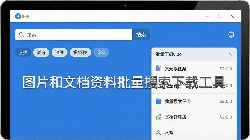 图片和文档资料批量搜索下载工具的主界面预览图,展示简洁的搜索栏、分类筛选标签和批量下载任务列表,布局清晰,现代扁平化设计风格,蓝色主色调,画质干净,无多余元素,图片中文字标注“图片和文档资料批量搜索下载工具”