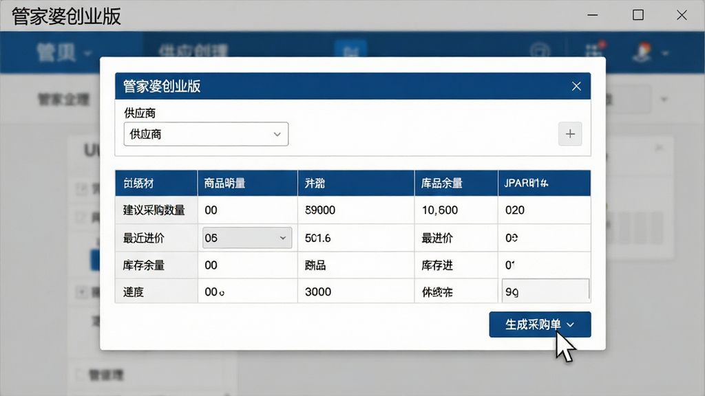 画面主体为“管家婆创业版”采购管理功能界面截图展示,布局采用弹窗式表单设计,上方为供应商选择栏,下方为商品明细表格,包含建议采购数量、最近进价、库存余量等字段。排版整齐,风格商务简约,以白色背景搭配深蓝表头,细节显示鼠标光标停留在“生成采购单”按钮上。画质清晰,干净无多余元素,界面左上角标注“管家婆创业版”字样。