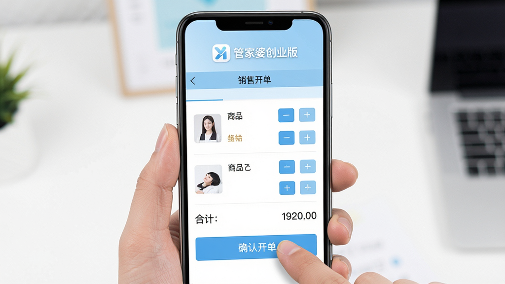 画面主体为“管家婆创业版”在手机上的操作界面,布局为手机竖屏截图展示,顶部显示“管家婆创业版”图标,下方为销售开单页面,包含商品列表、数量加减按钮、合计金额。排版简洁,风格清爽,以浅蓝色为主色调,细节展示手指点击“确认开单”按钮。画质高清,干净无多余元素,突出移动端操作便捷性。