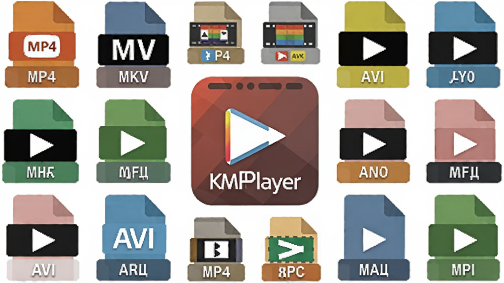 主体:KMPlayer软件图标与多种视频格式文件图标;布局:KMPlayer图标位于中心,四周环绕着MP4、MKV、AVI等格式图标;排版:图标错落有致,大小适中;风格:扁平化设计,色彩明快;细节:每个格式图标下方有对应格式名称标签,中心图标带有