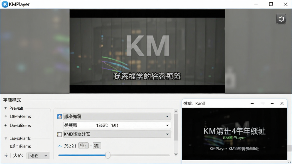 主体:KMPlayer字幕设置界面;布局:上方为视频预览,下方为字幕设置选项;排版:字幕样式预览直观,选项排列有序;风格:简洁实用,清晰明了;细节:显示多种字幕格式选项,有字体大小调节滑块,预览窗口有字幕效果展示,界面标注